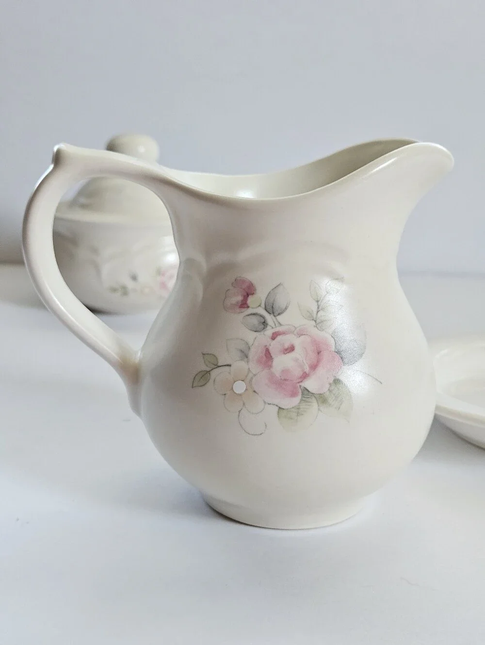 Pfaltzgraff Tea Rose Creamer pitcher And Lidded Sugar Bowl trinket dish pastel